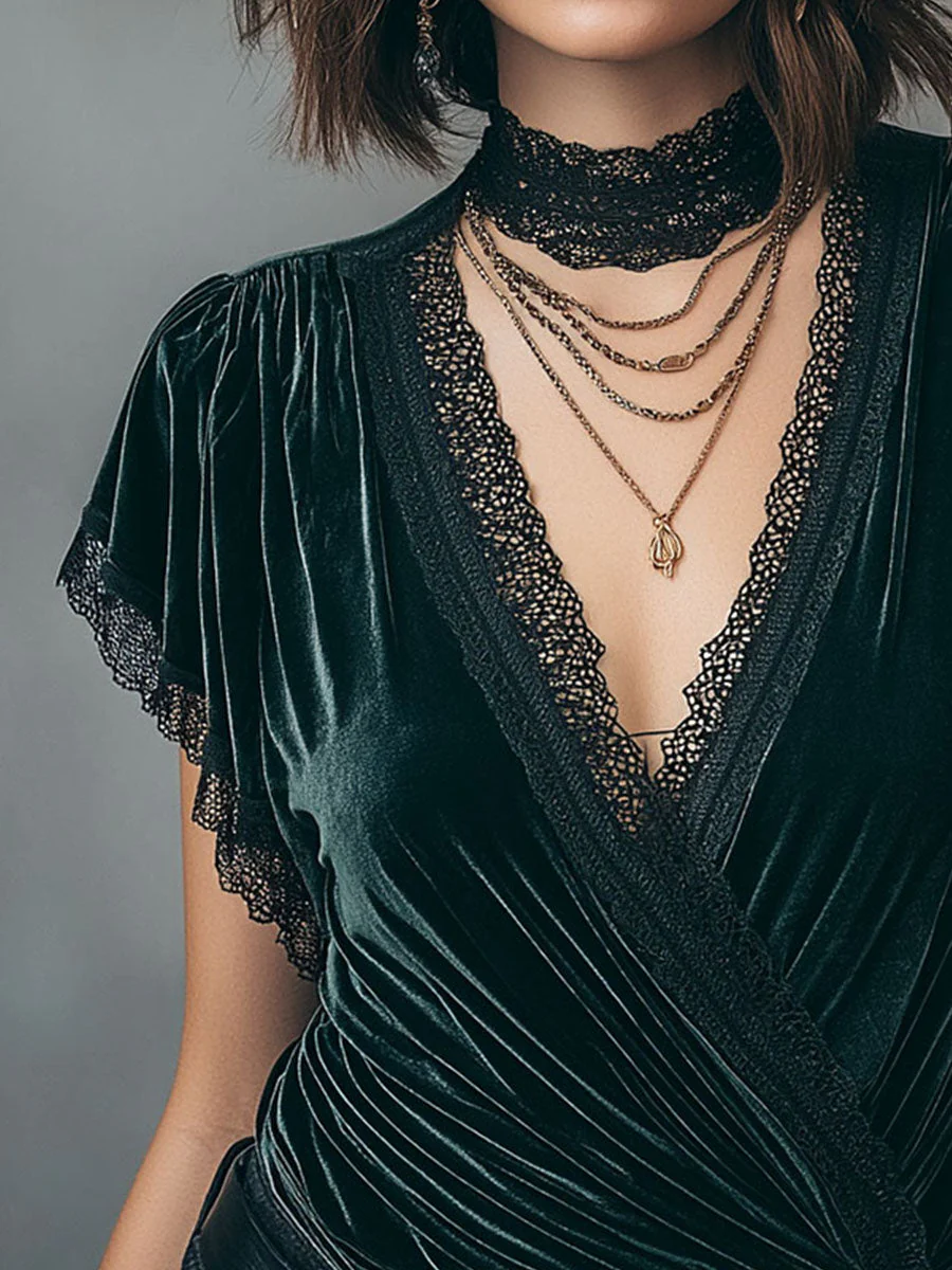 Vintage V-Neck Velvet Wrap Blouse With Lace Trim - Image 2