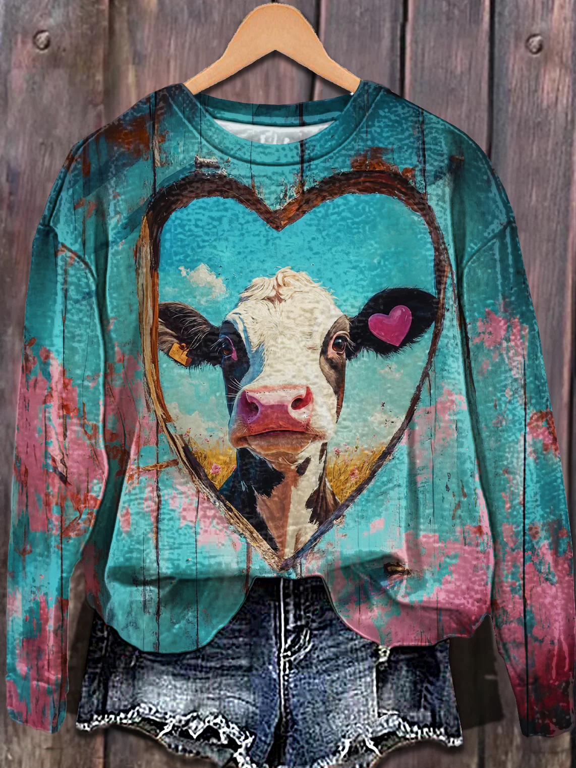 Vintage Valentine Cute Cow Printed Long Sleeve Casual Top