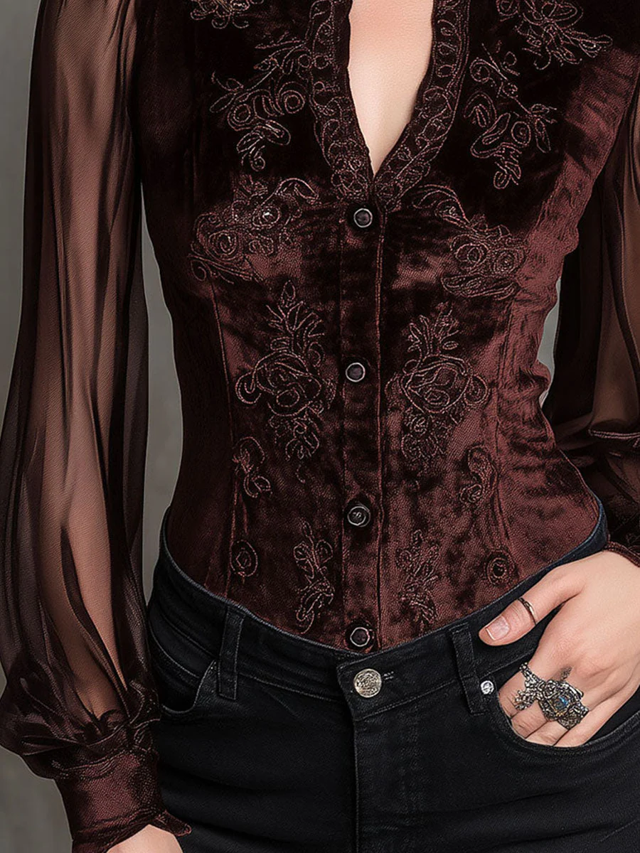 Vintage Velvet Embroidered Blouse With Sheer Sleeves - Image 2