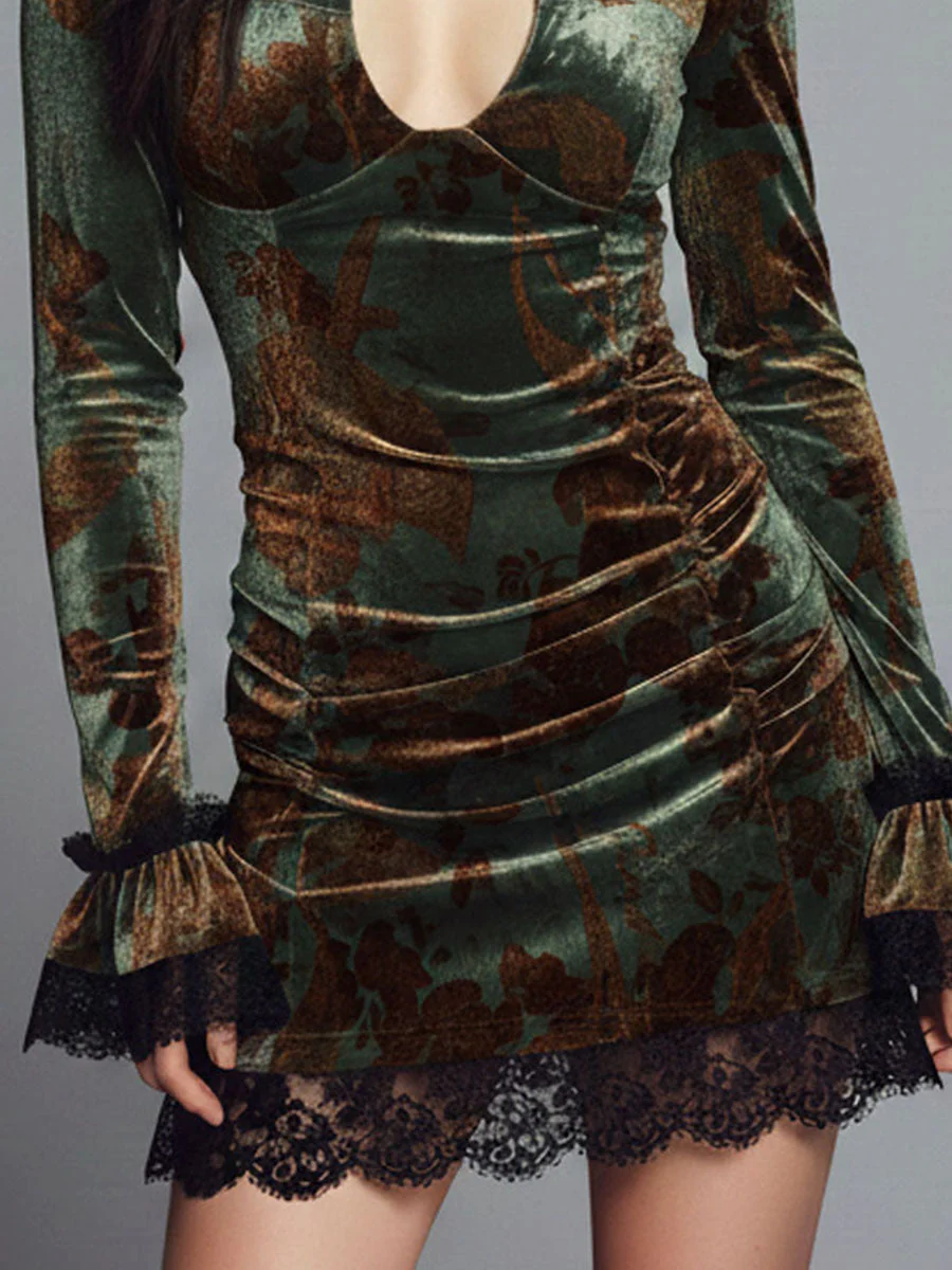 Velvet Floral Print Keyhole Cutout Mini Dress With Lace Trim - Image 3