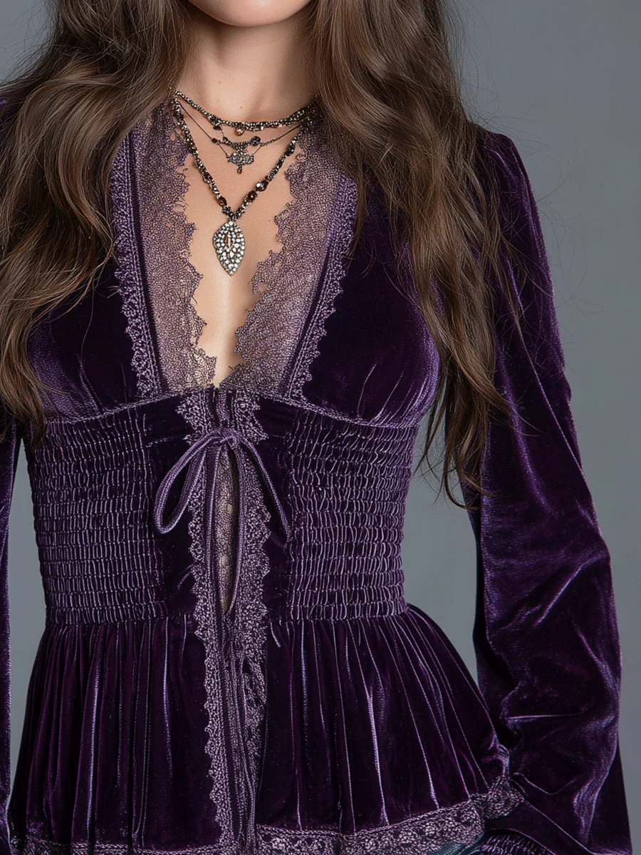 Vintage Velvet Lace-Trim Smocked Boho Top - Image 2