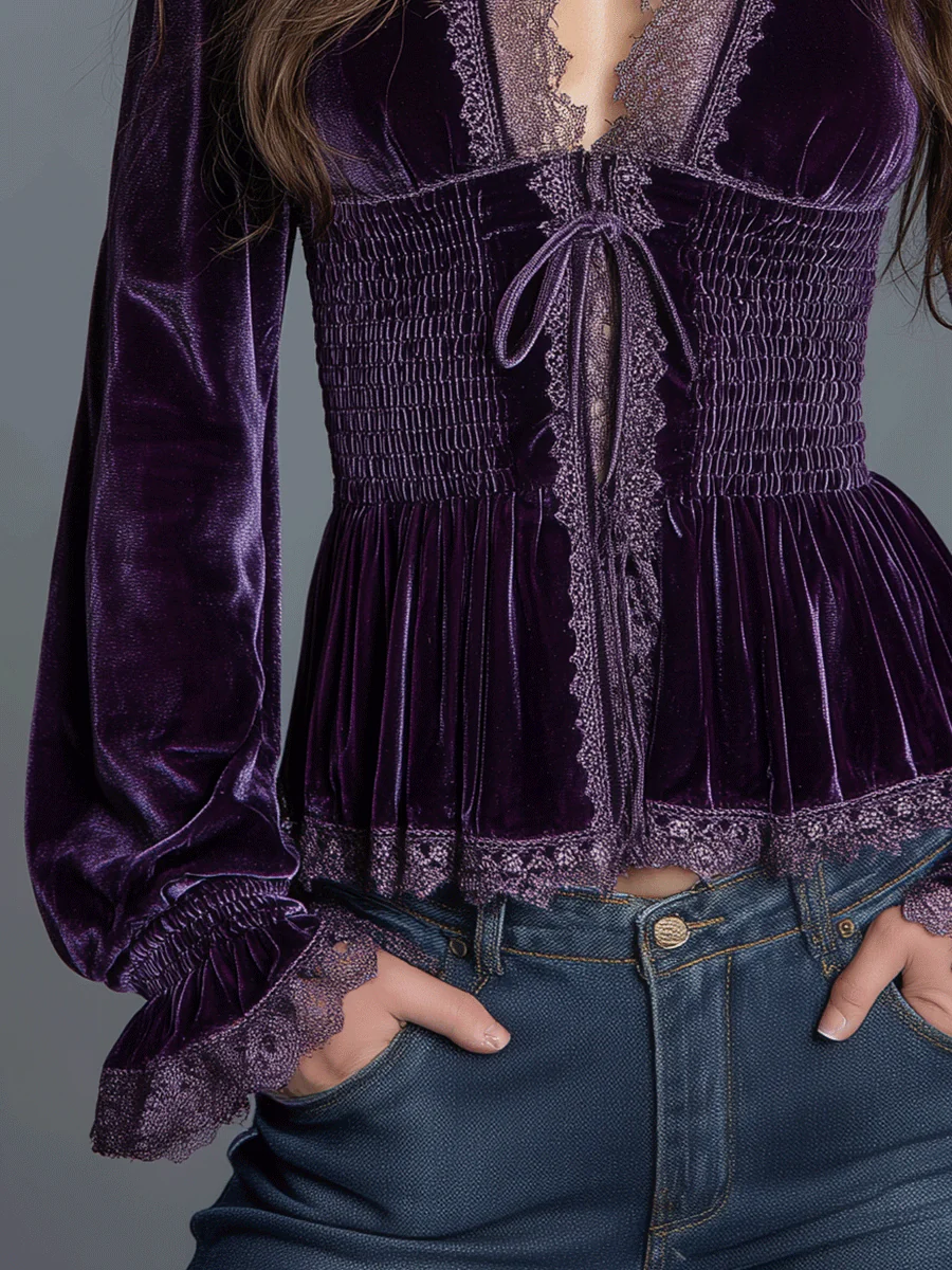 Vintage Velvet Lace-Trim Smocked Boho Top - Image 3