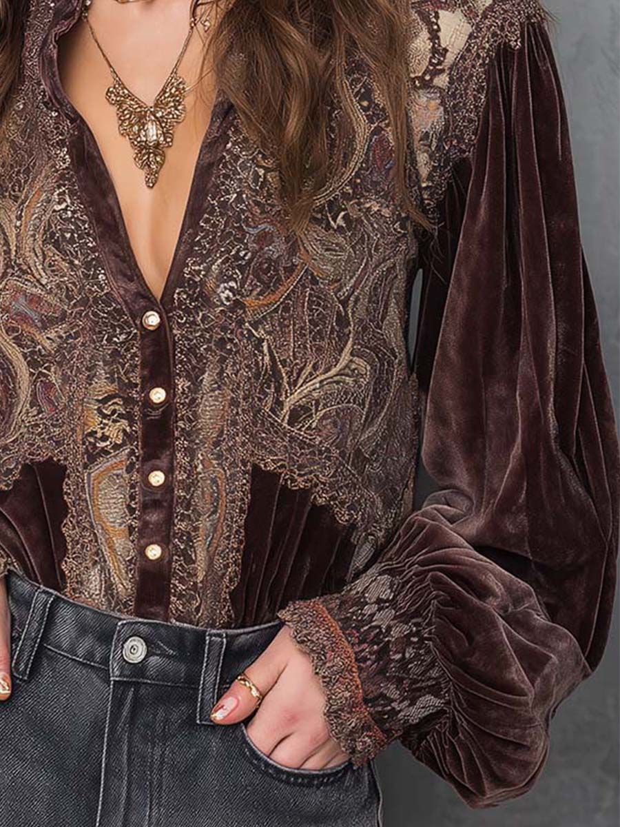 Vintage Velvet Paisley Blouse With Lace Trim - Image 3