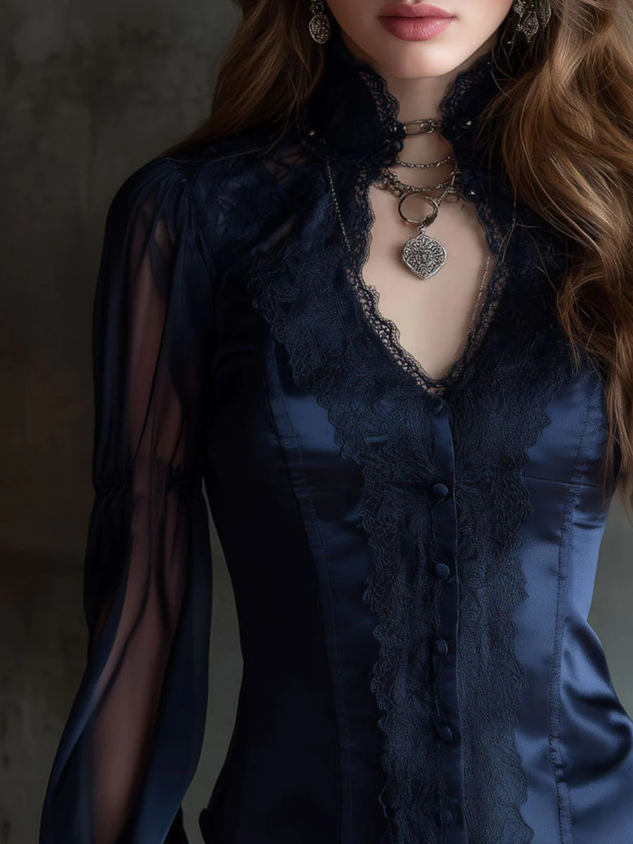 Vintage Victorian Navy Satin And Lace Blouse With Sheer Sleeve - Image 2