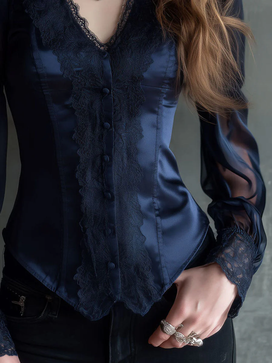 Vintage Victorian Navy Satin And Lace Blouse With Sheer Sleeve - Image 3