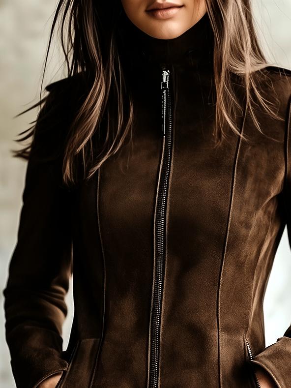 Vintage Waist-cinched Double Zipper Suede Jacket - Image 2