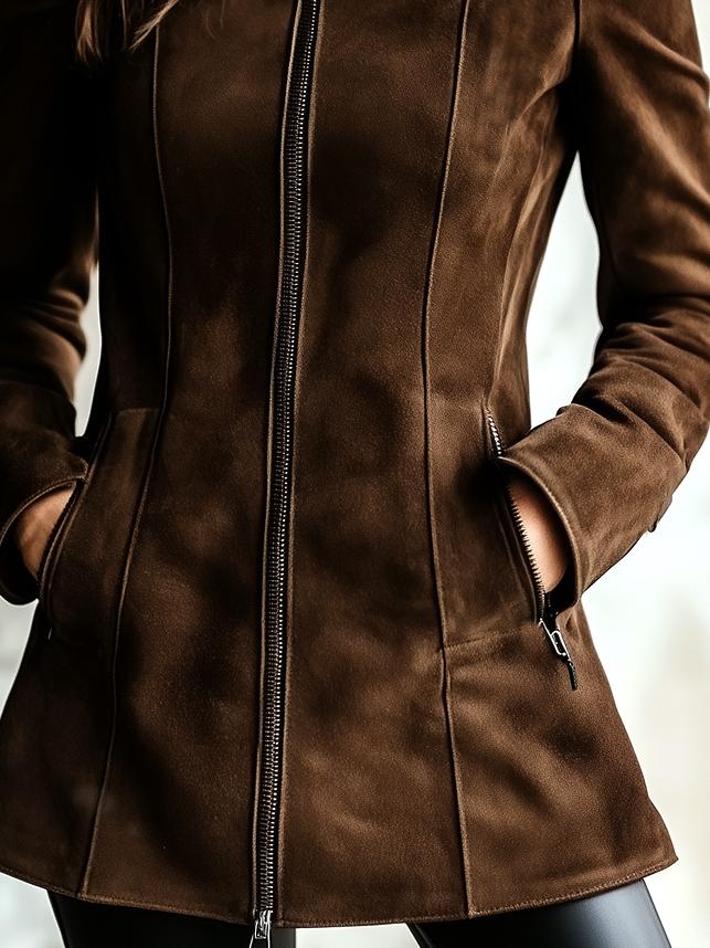 Vintage Waist-cinched Double Zipper Suede Jacket - Image 3