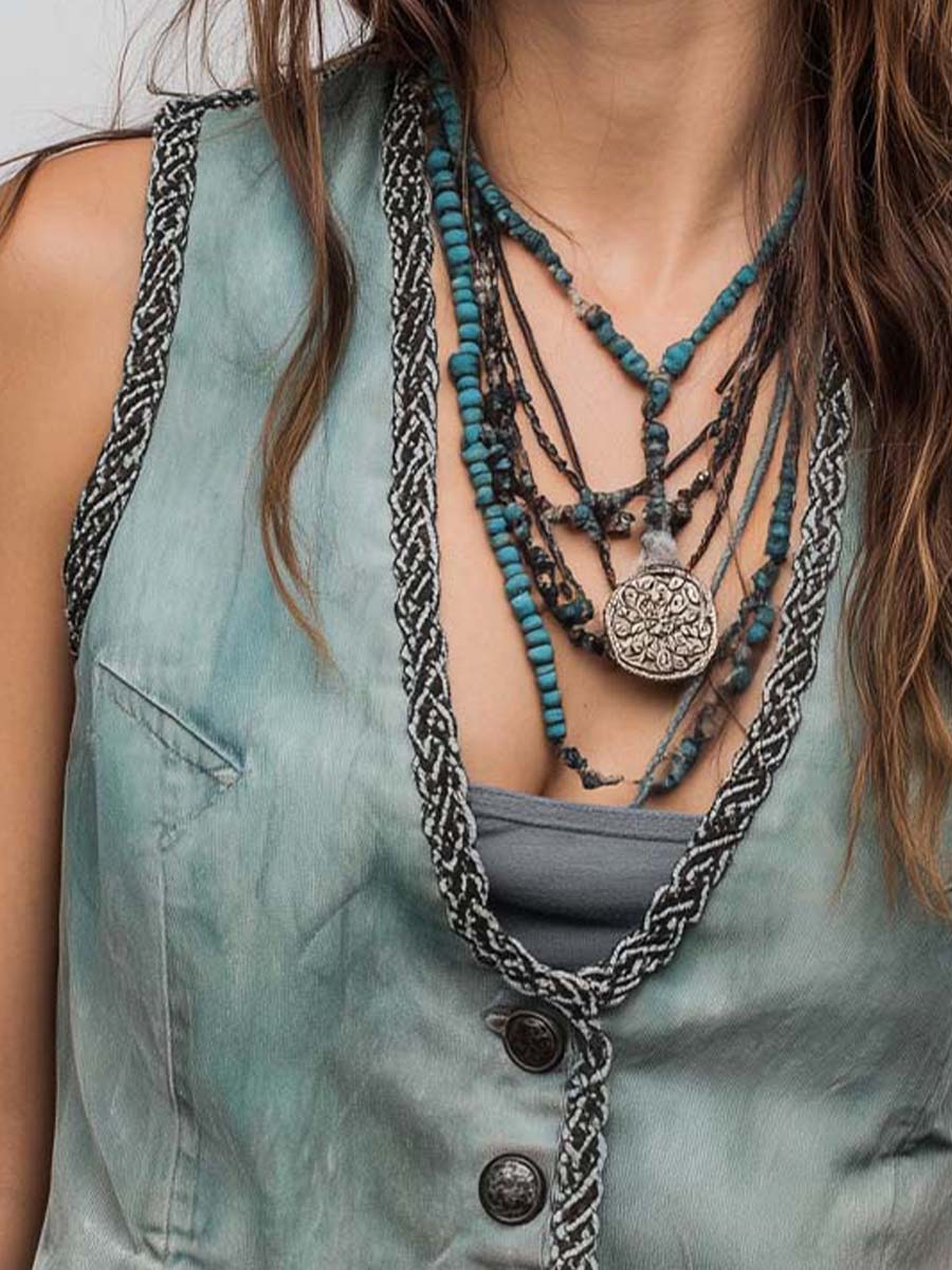 Vintage Washed Denim Mint Green Braided Trim Western Vest - Image 2