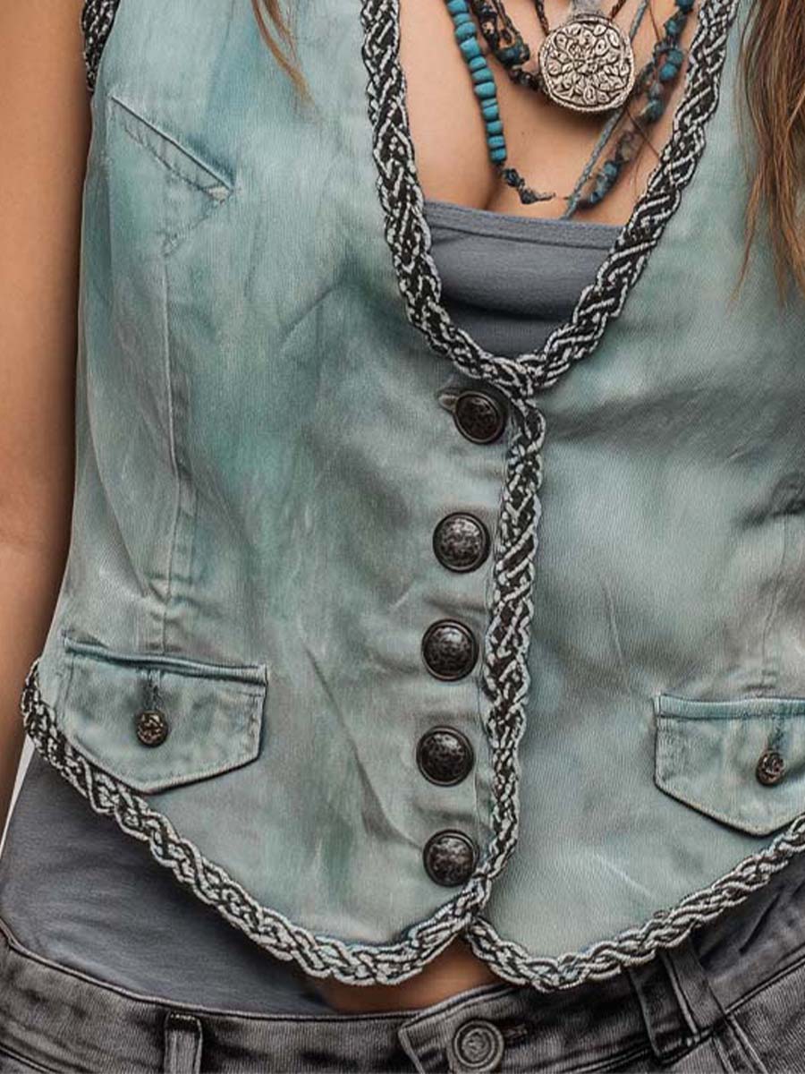 Vintage Washed Denim Mint Green Braided Trim Western Vest - Image 3