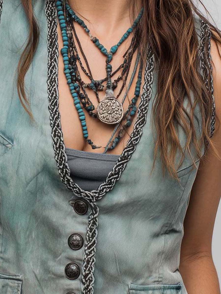 Vintage Washed Denim Mint Green Braided Trim Western Vest - Image 4