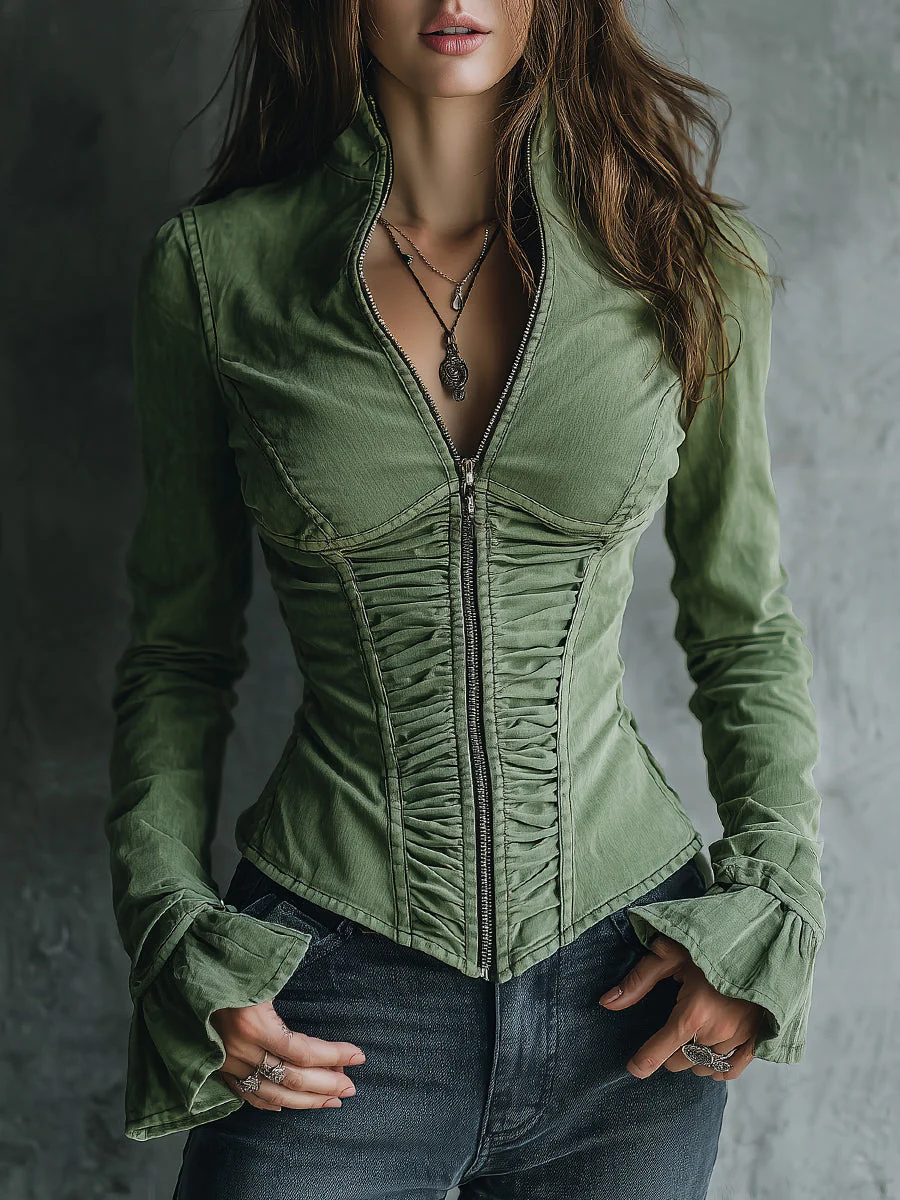 Vintage Washed Pinch Pleated Ruffle Cuff Denim Blouse