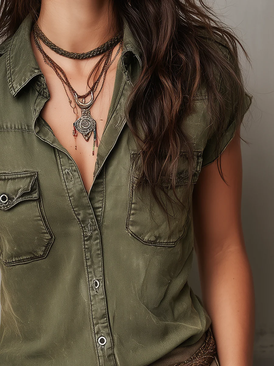 Vintage Washed Short Sleeve Denim Blouse - Image 3