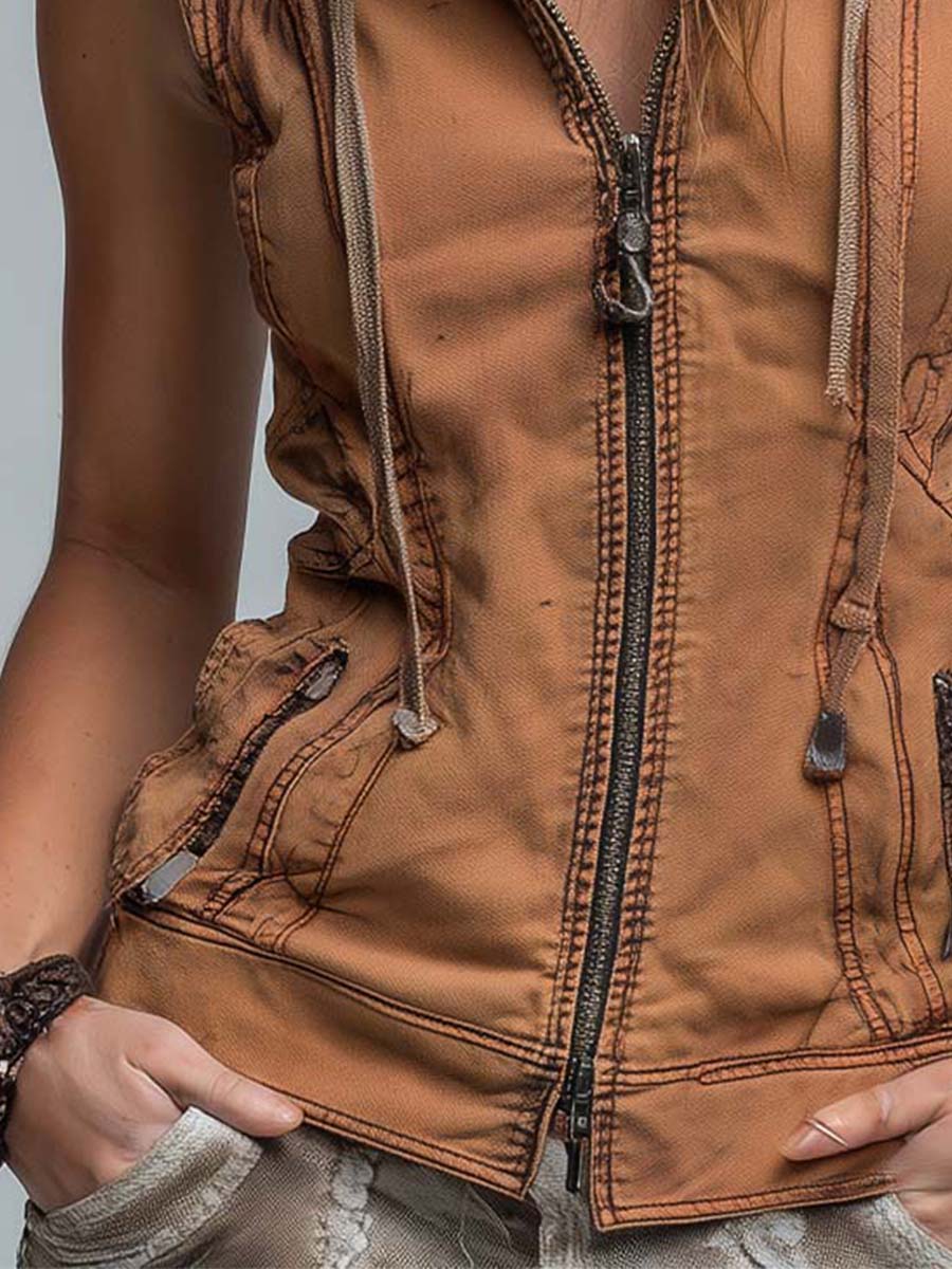 Vintage Washed Utility Style Hoodie Vest - Image 4