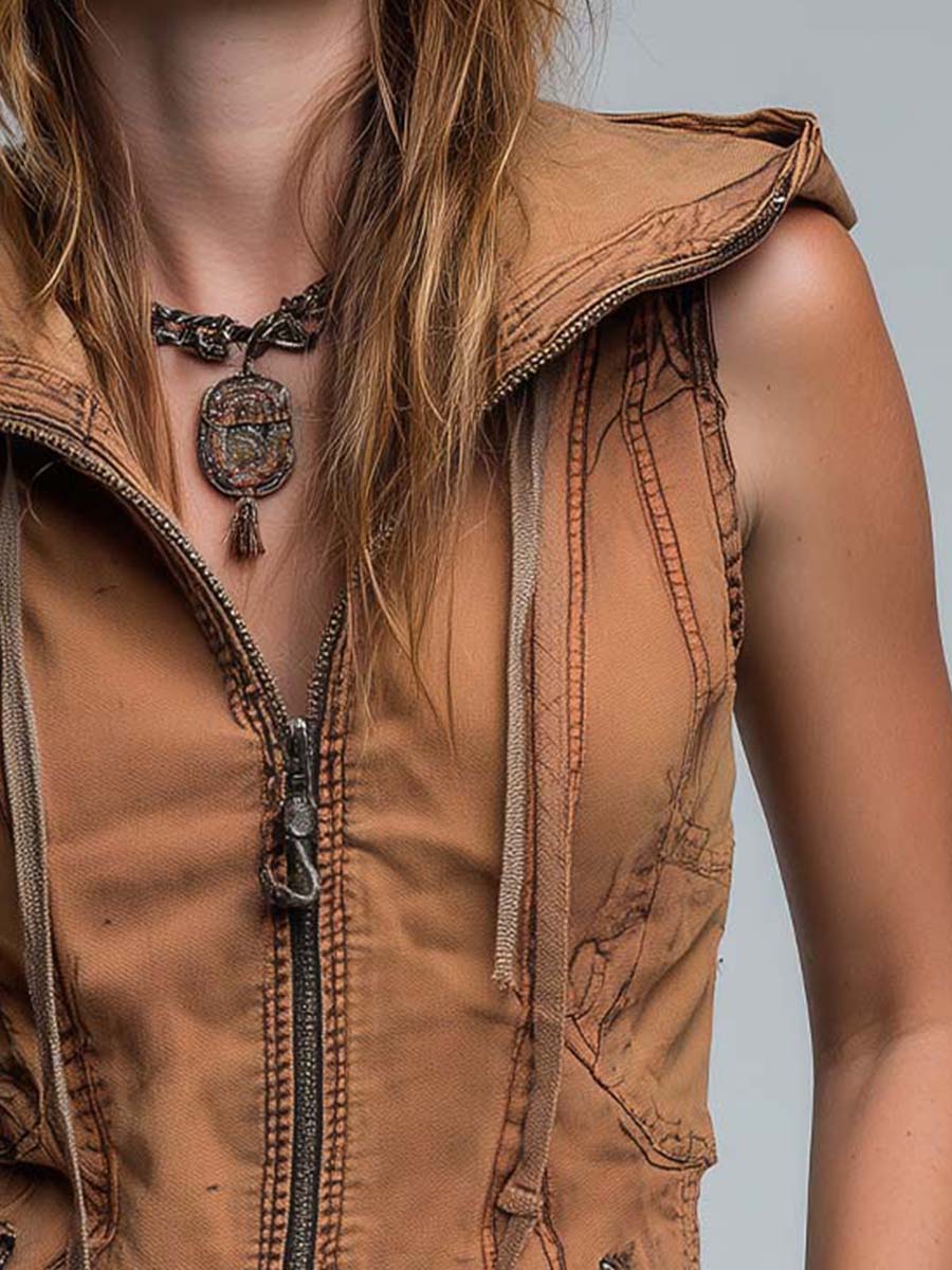 Vintage Washed Utility Style Hoodie Vest - Image 5