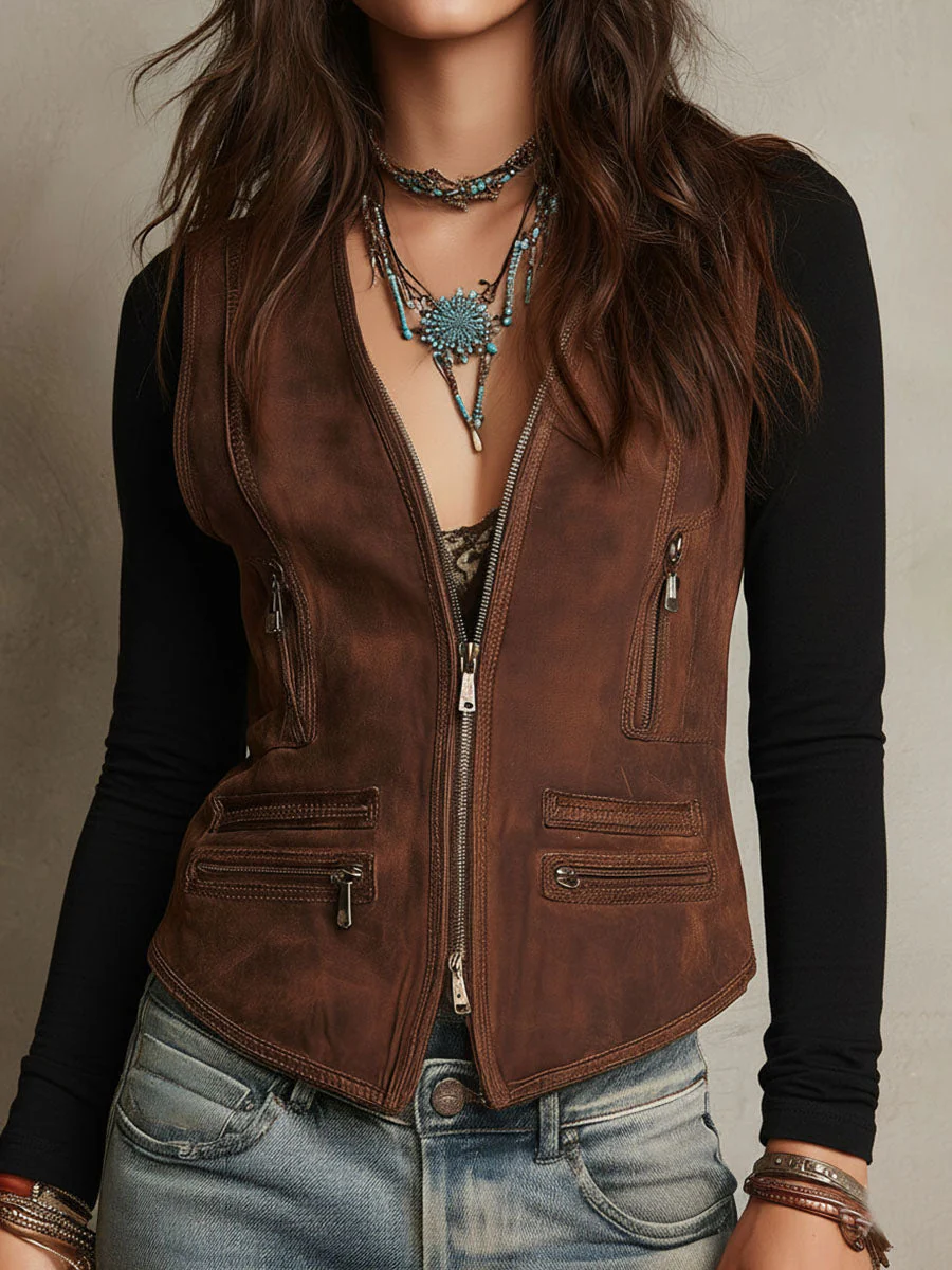 Vintage Western Brown Microsuede Zip Vest - Image 2