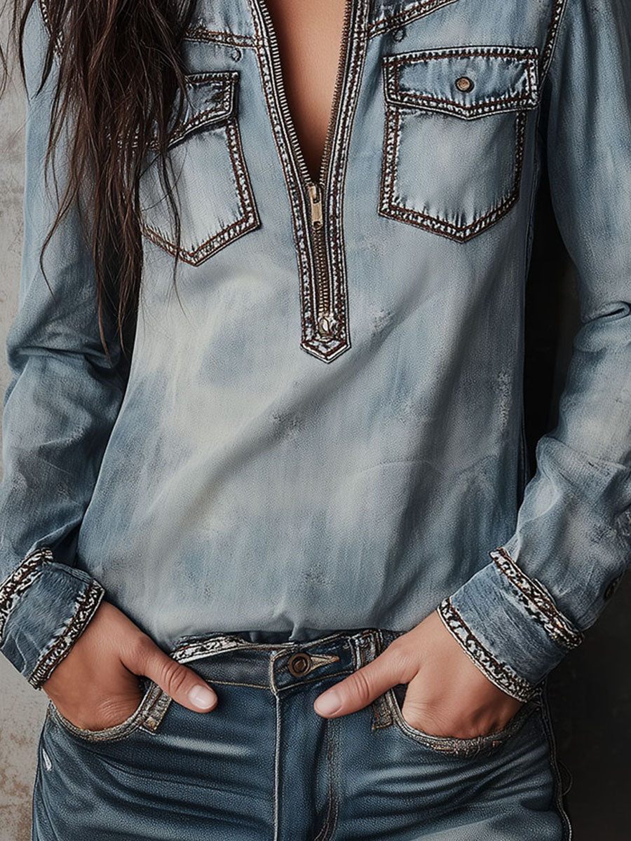 Vintage Western Light Wash Denim Zip-Front Shirt - Image 2