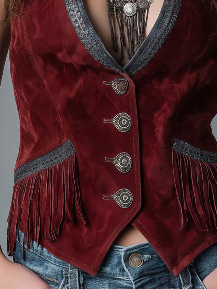 Vintage Western Microsuede With Braided Fringe Slim Fit Vest - Image 3