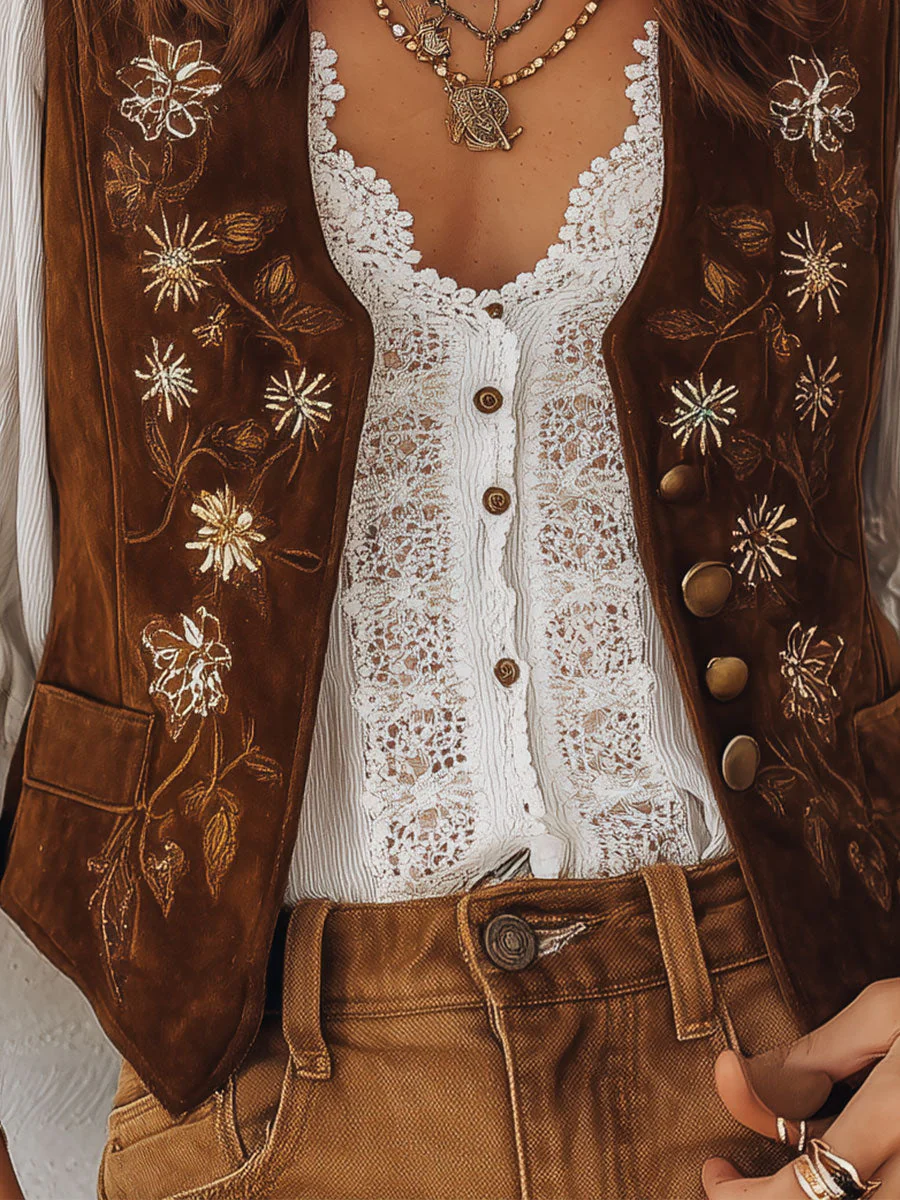 Vintage Western Suede Embroidered Vest - Image 3