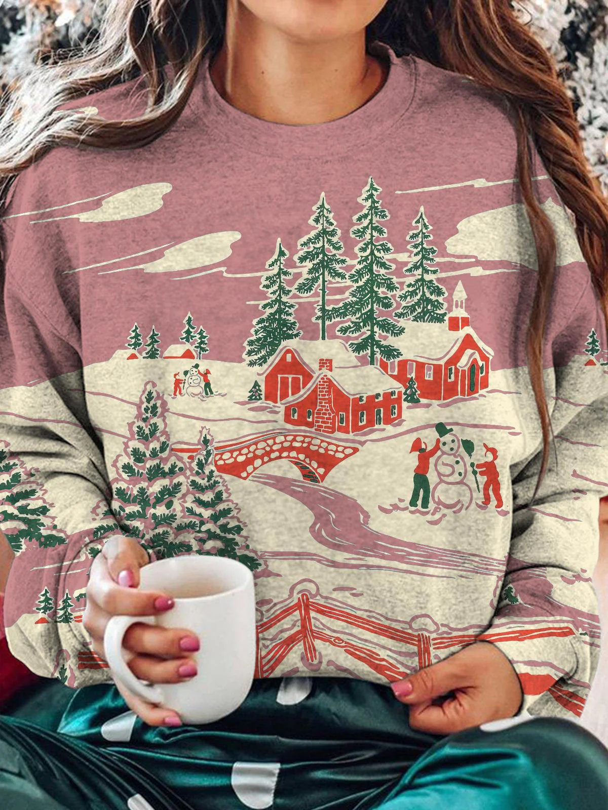 Vintage Winter Print Round Neck Long Sleeve Top - Image 2