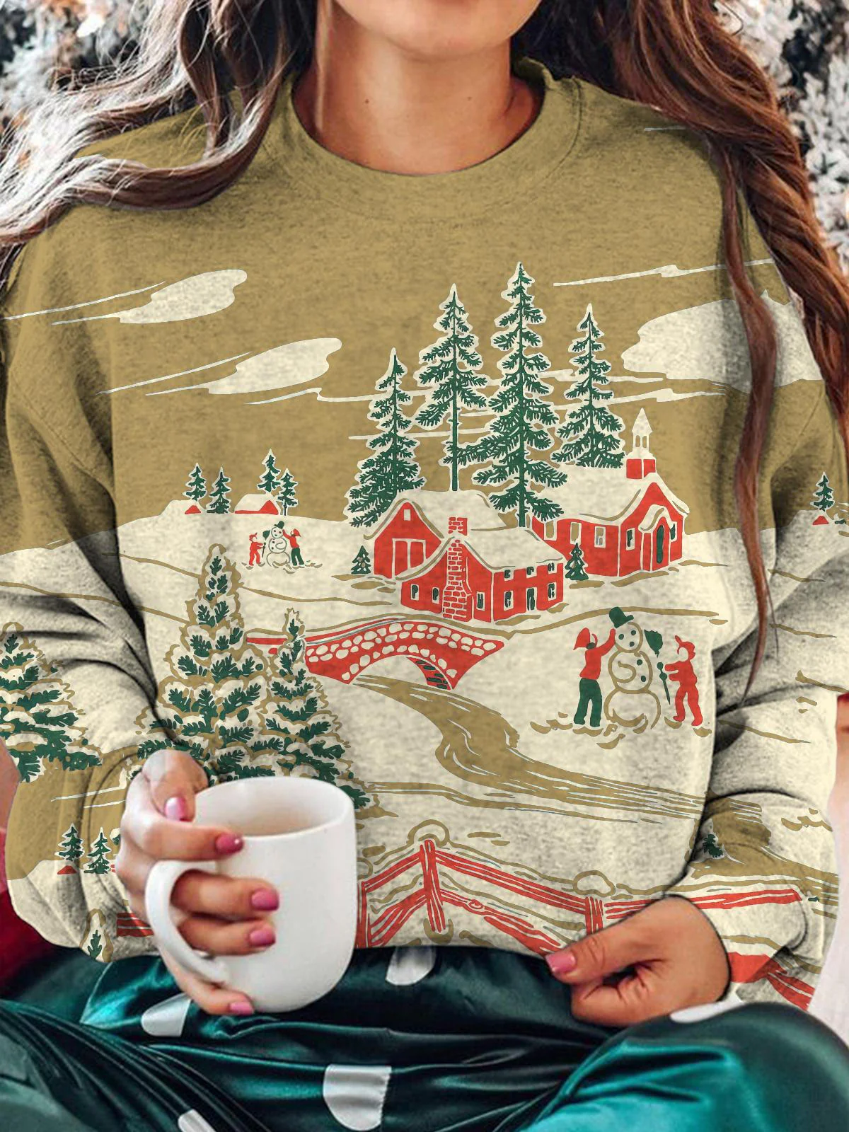 Vintage Winter Print Round Neck Long Sleeve Top - Image 3