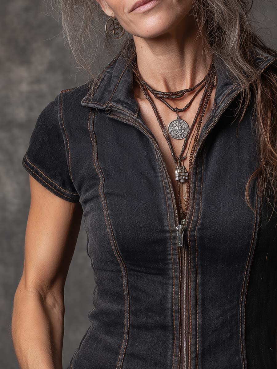 Vintage Zipper Neck Short Sleeves Denim Blouse - Image 2