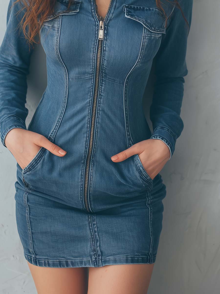 Vintage Zipper Placket Distressed Denim Mini Dress - Image 3