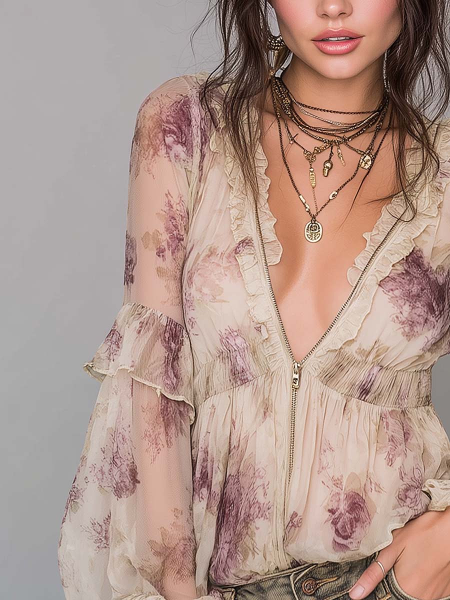 Vintage Zippered Collar Ruffled Floral Blouse - Image 2