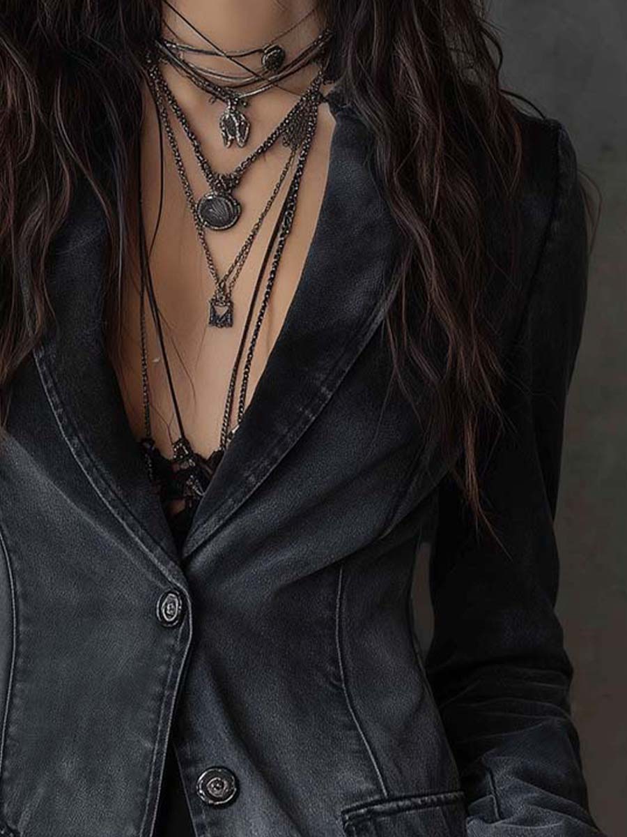 Washed Black Sculpted Denim Blazer - Image 2
