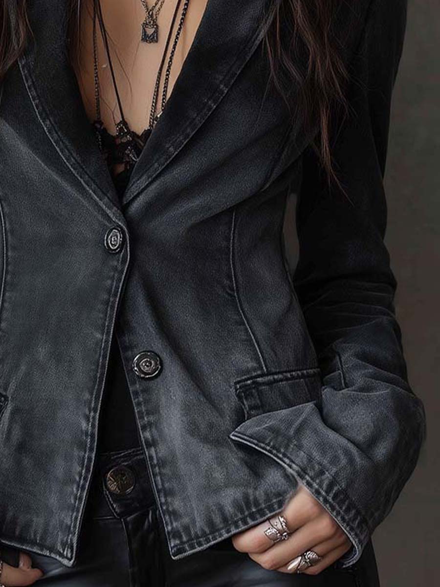 Washed Black Sculpted Denim Blazer - Image 4