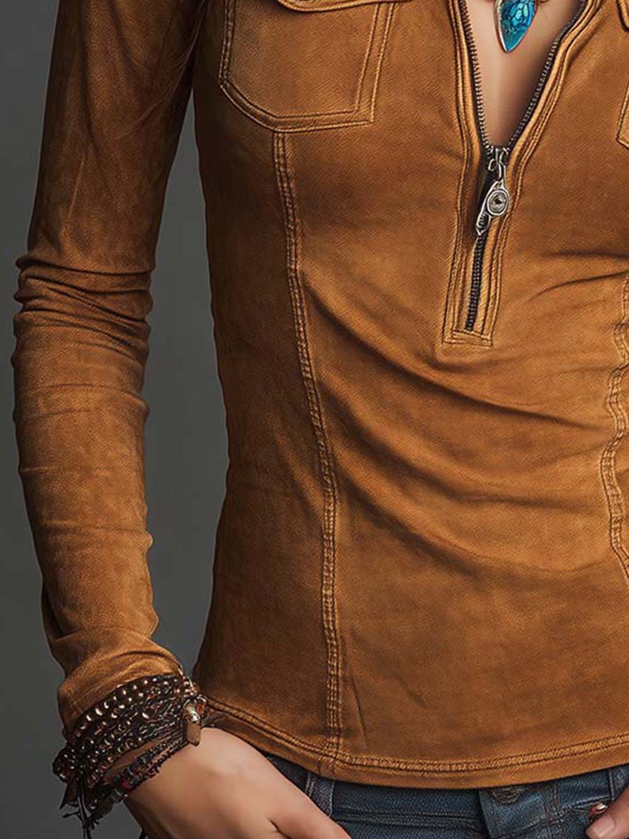 Washed Camel Cotton Denim Zip-Up Fitted Top With Utility Pockets - Image 3