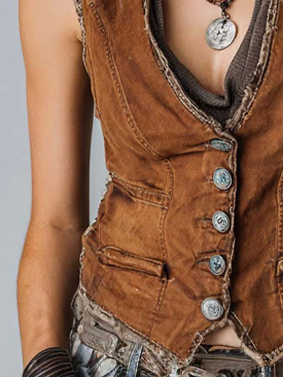 Washed Caramel Denim With Brass Button Stitching Vest - Image 4
