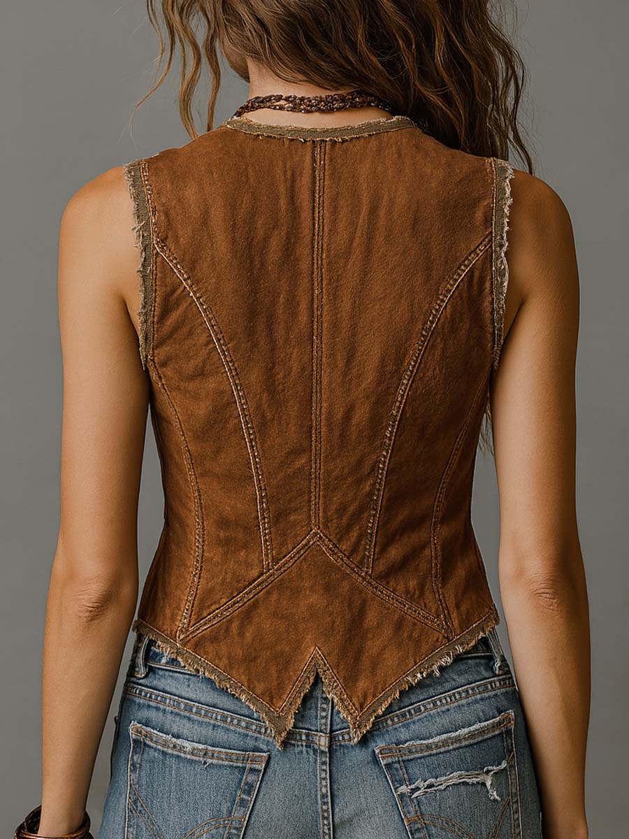 Washed Caramel Denim With Brass Button Stitching Vest - Image 6