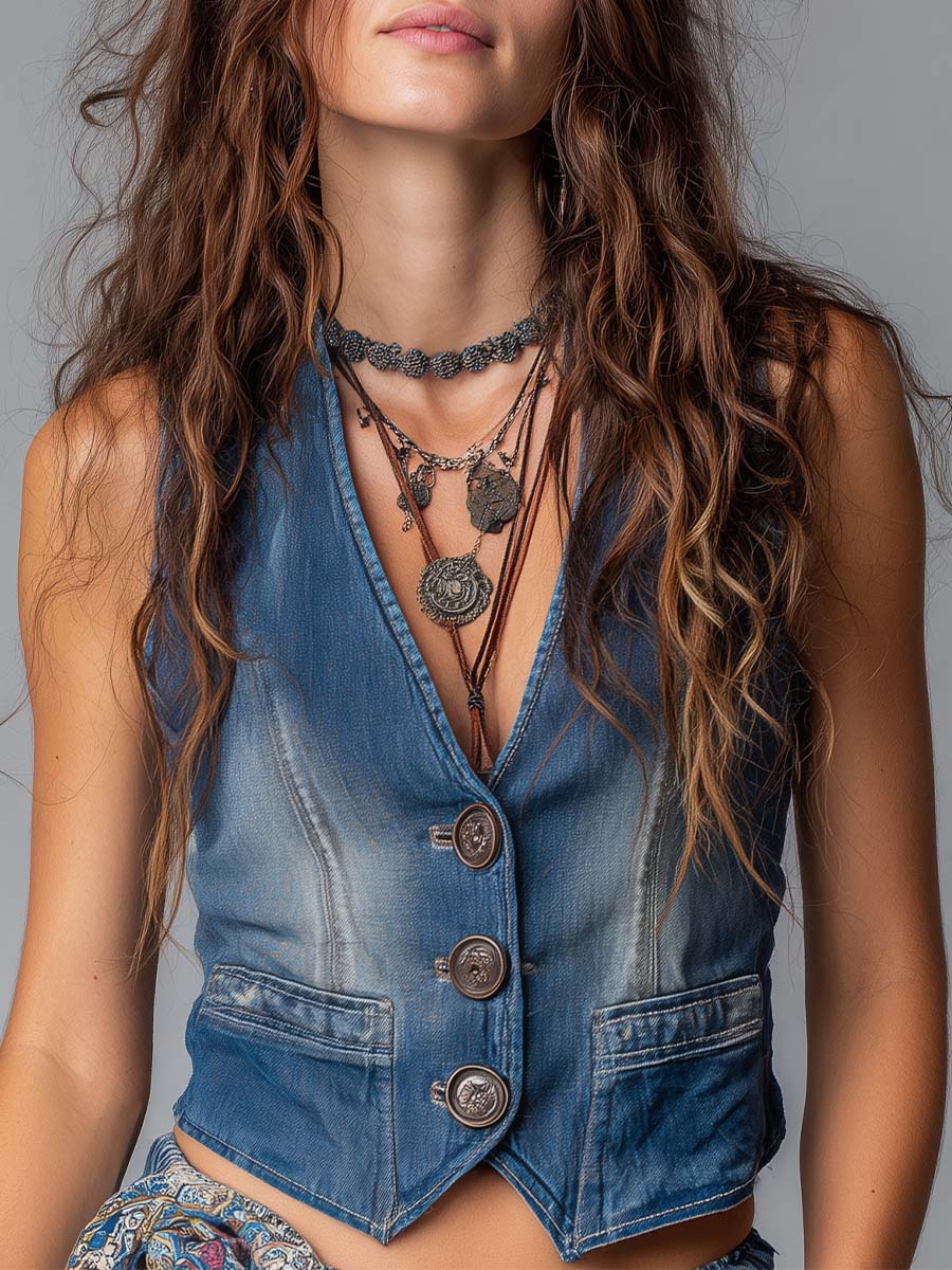 Washed Denim Vintage Button Detail Western Vest - Image 6