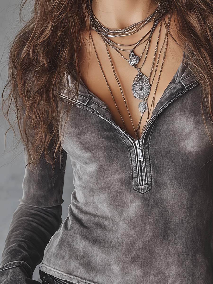 Washed Grey Denim Shirt With Zip-up Collar And Flared Cuffs - Image 2