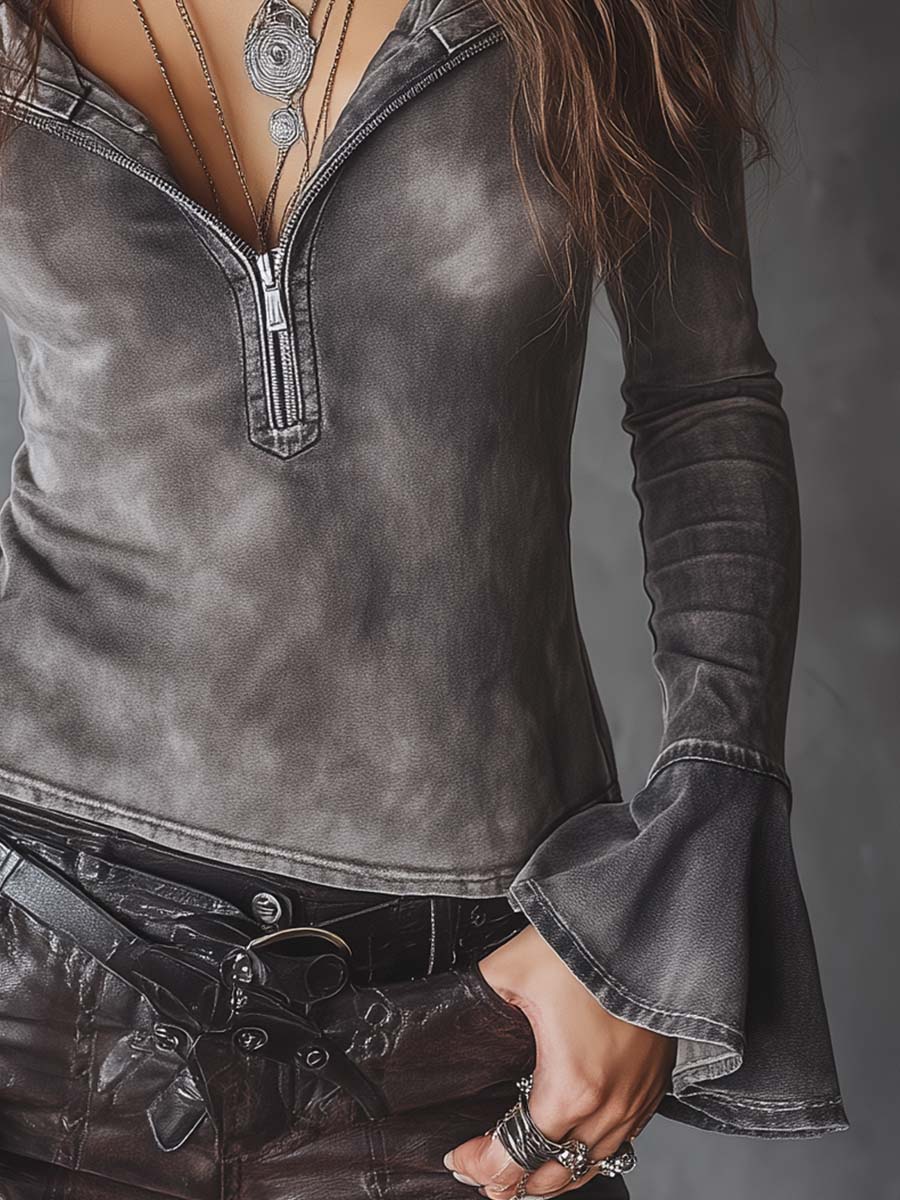 Washed Grey Denim Shirt With Zip-up Collar And Flared Cuffs - Image 4