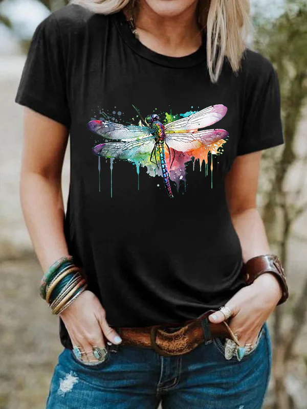 Watercolor Dragonfly Printed Women's T-shirt - Image 3