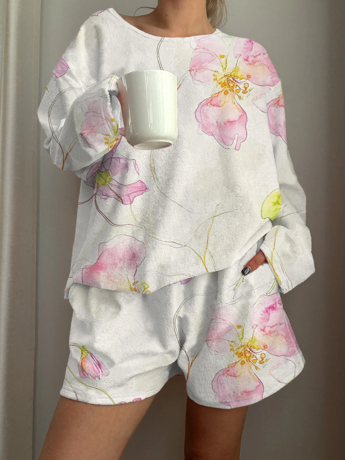 Watercolor Floral Printed Long-Sleeved Shorts Loungewear Set - Image 2