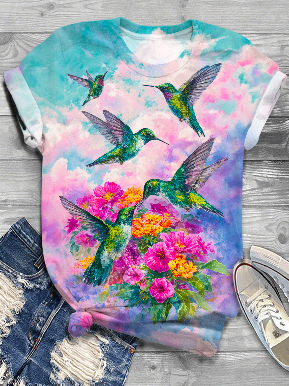 Watercolor Flowers and Hummingbirds Crew Neck T-shirt
