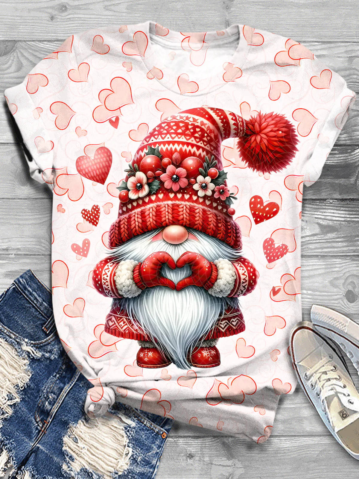 Watercolor Valentines Gnome Crew Neck T-shirt