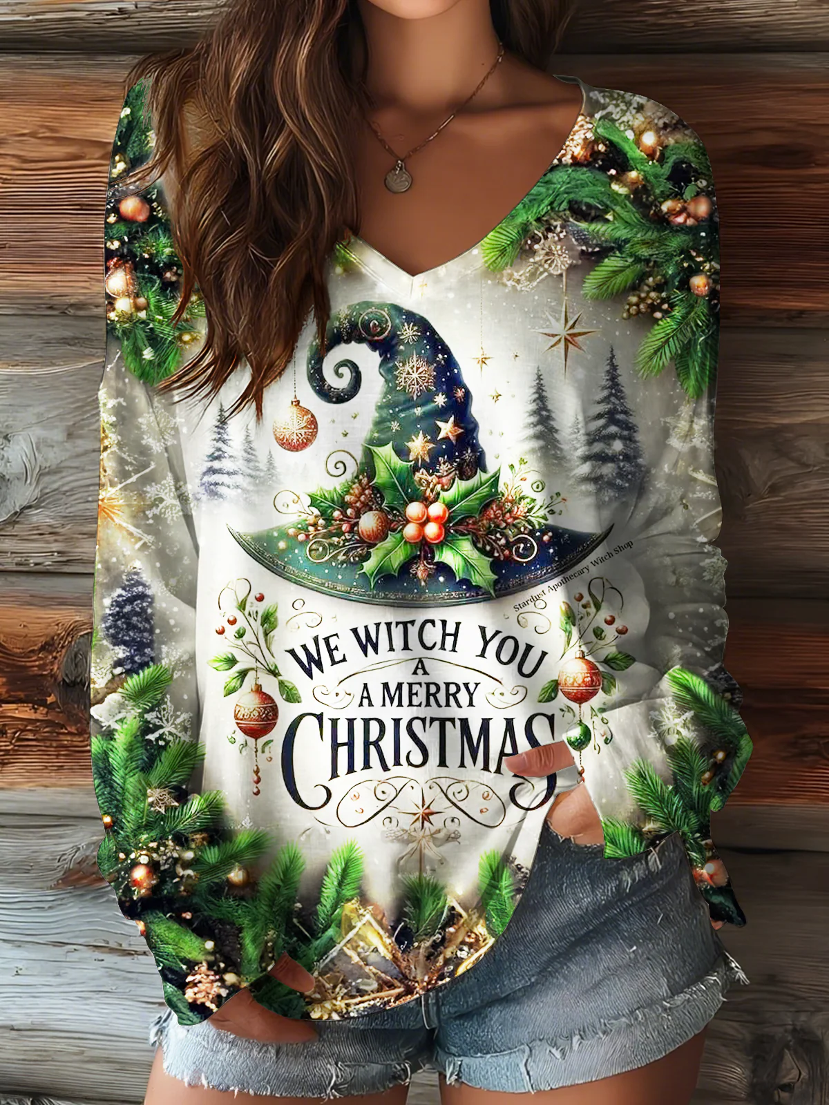 We Witch You A Merry Christmas V-neck Long Sleeve Top