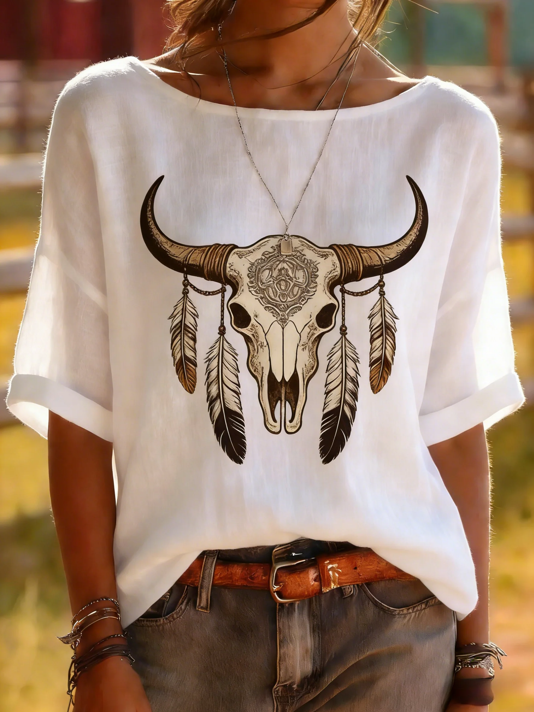 Western Bull Skull Feather Medium Sleeve Blouse - Boho Tribal Top