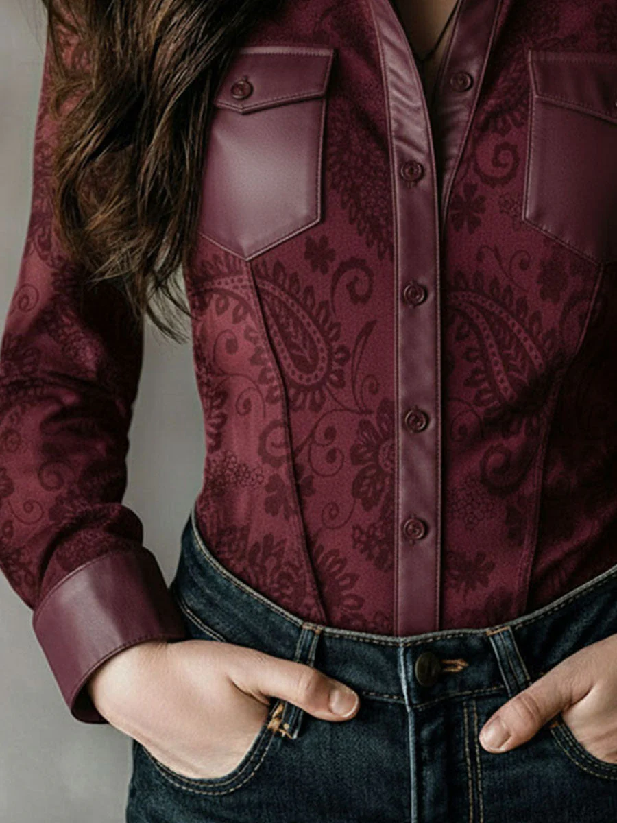 Western Charm Burgundy Paisley Embossed Blouse - Image 2
