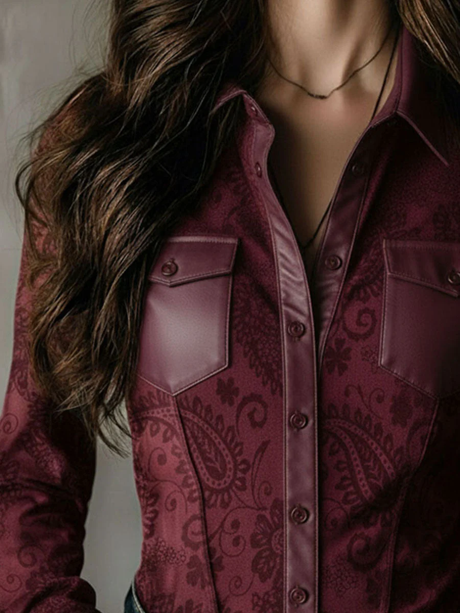 Western Charm Burgundy Paisley Embossed Blouse - Image 3