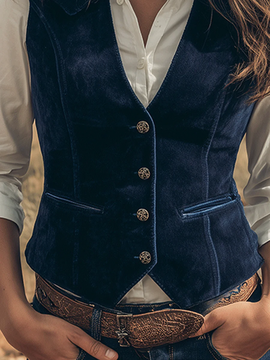 Western Charm Dark Navy Faux Suede Vest - Image 2