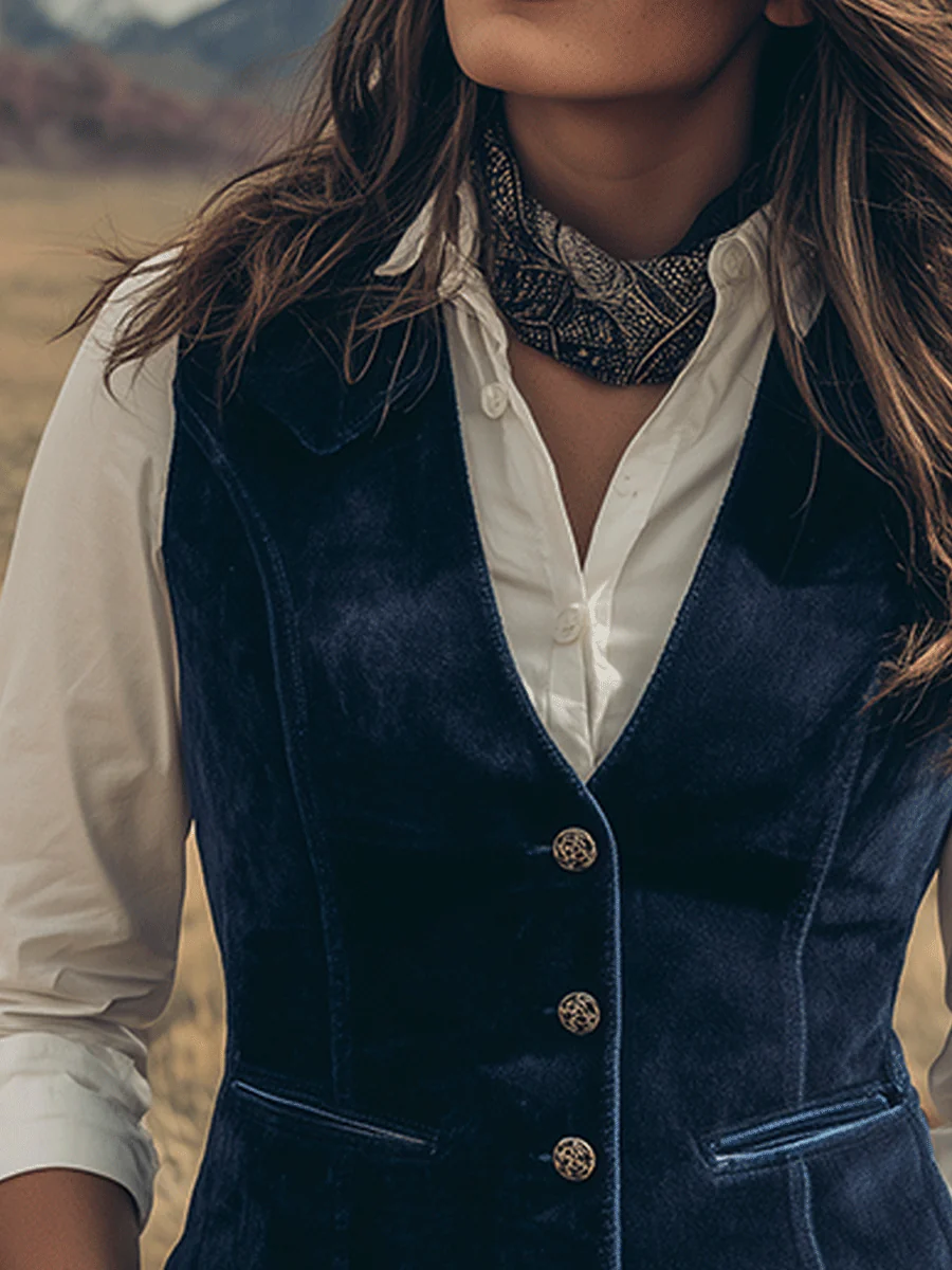 Western Charm Dark Navy Faux Suede Vest - Image 3