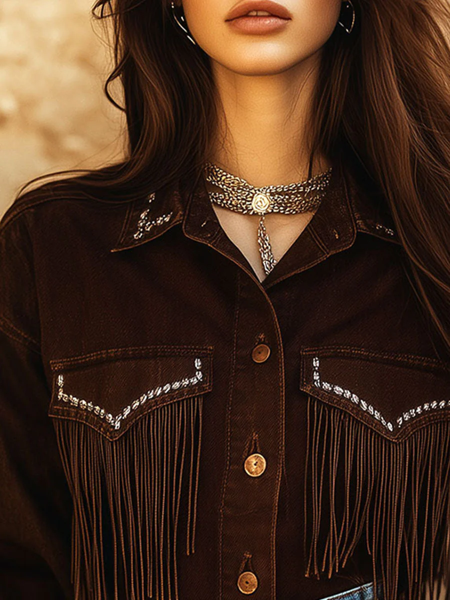 Western Dark Brown Fringe Shirt With Silver Accents - Image 2
