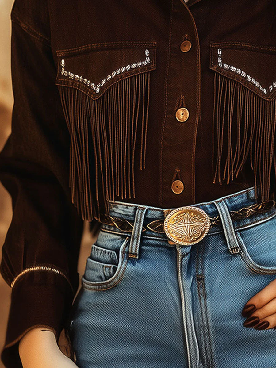 Western Dark Brown Fringe Shirt With Silver Accents - Image 3