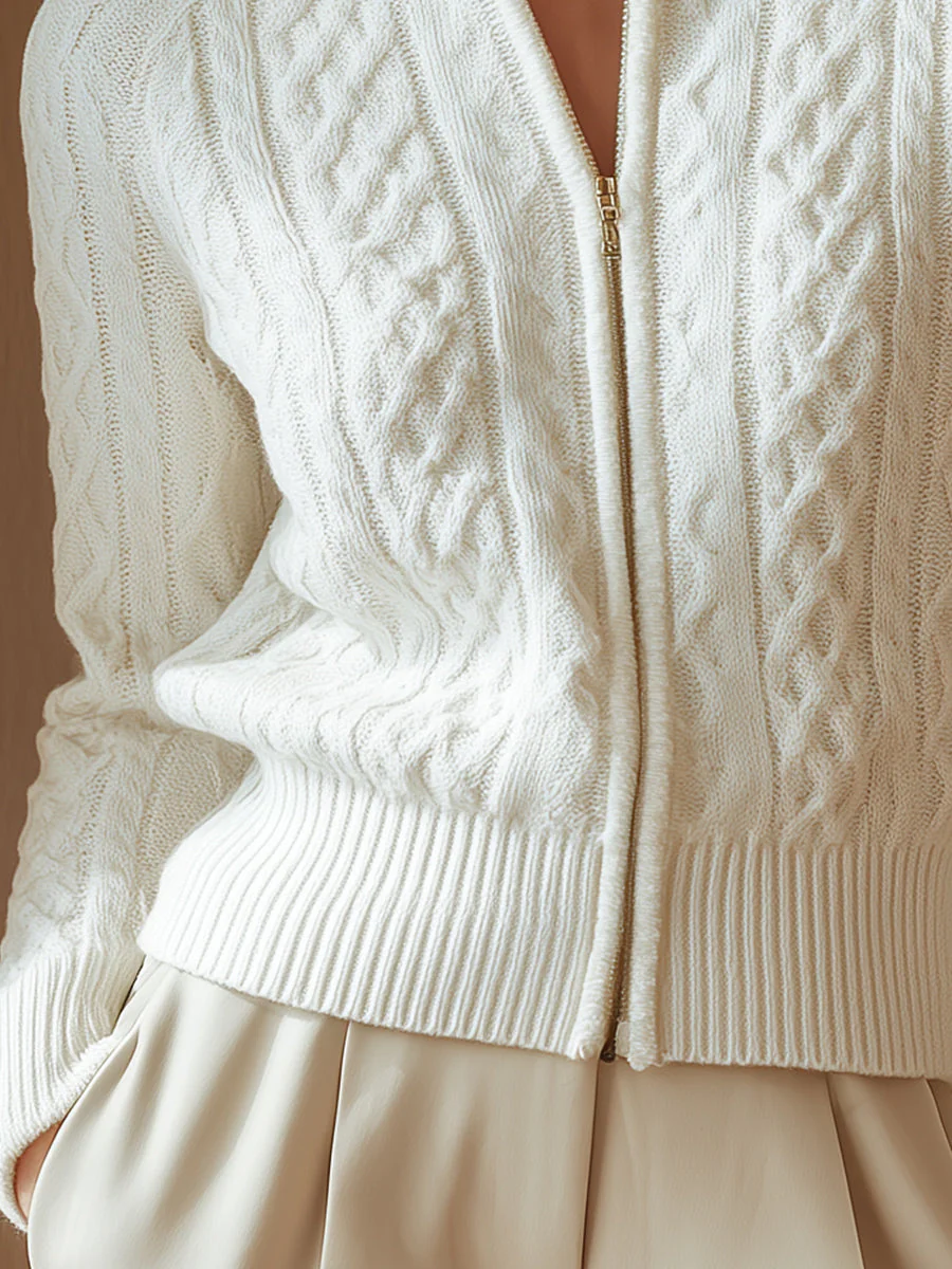 White Cable-Knit Zip Cardigan - Image 4