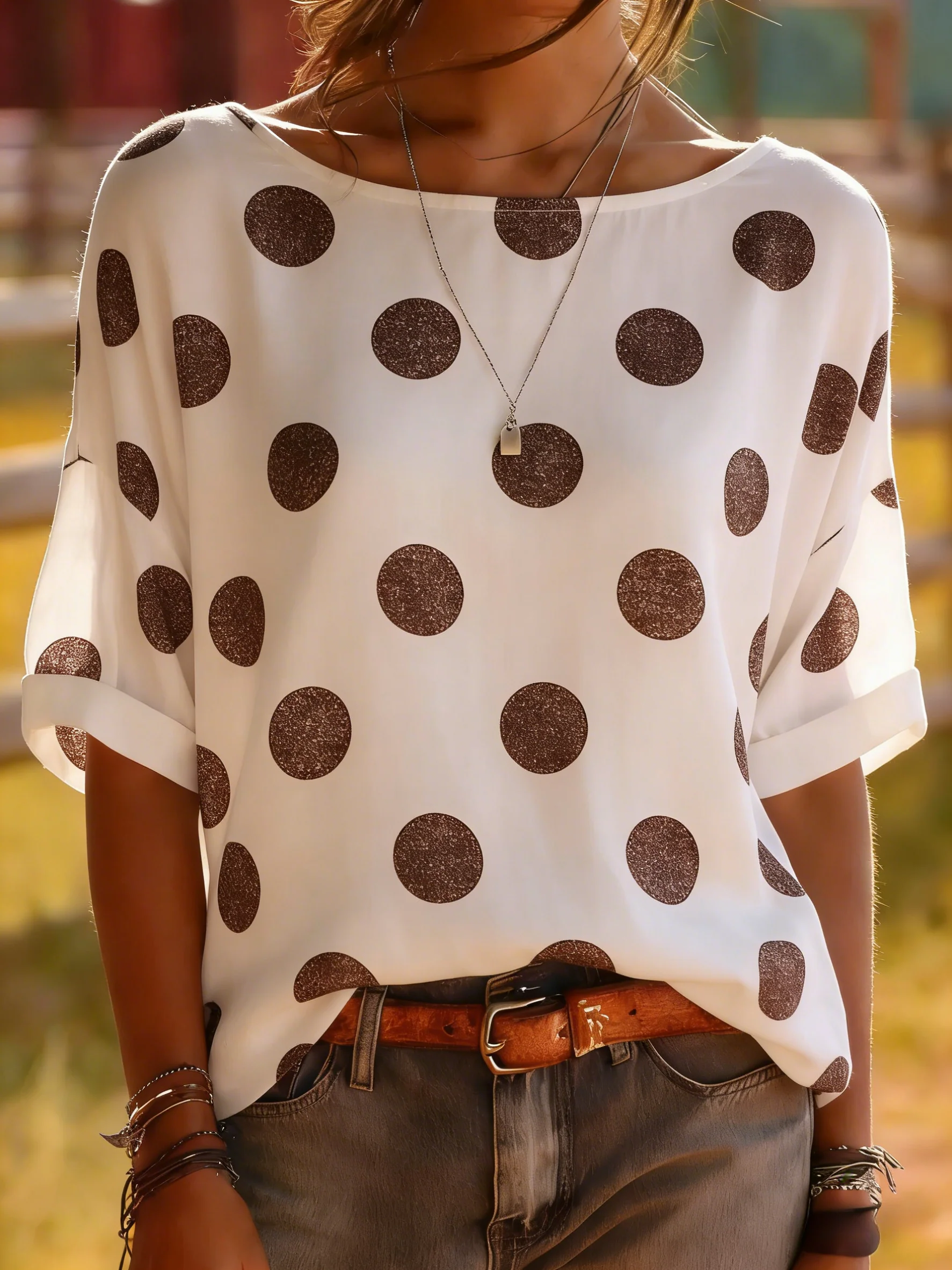 White Polka Dot Medium Sleeve Blouse - Brown Dots Casual Top