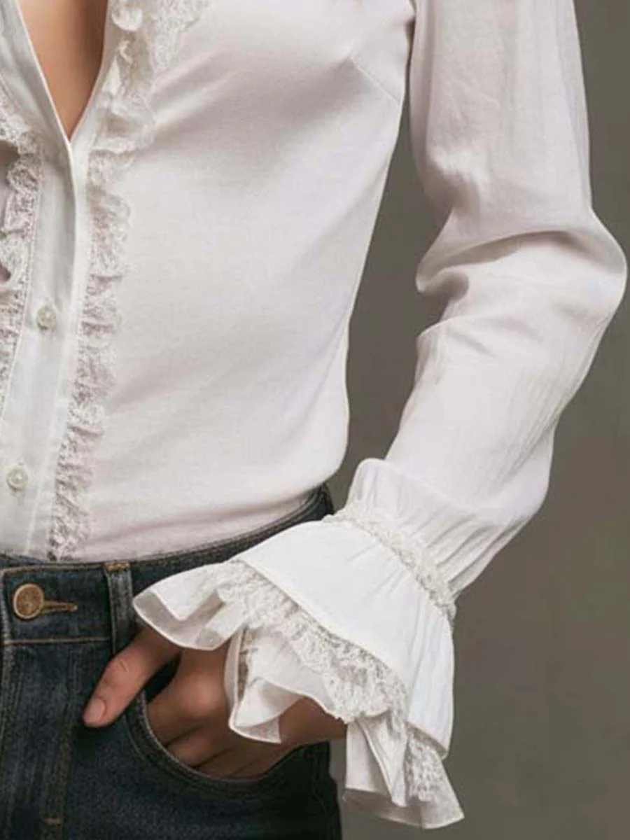 White Ruffled Lace Trim Blouse - Image 4